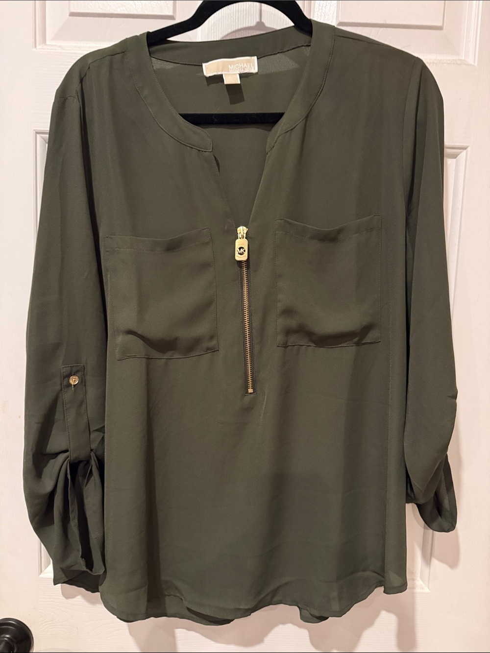 Michael Kors Olive Green Zip Pullover Blouse with Gold Hardware